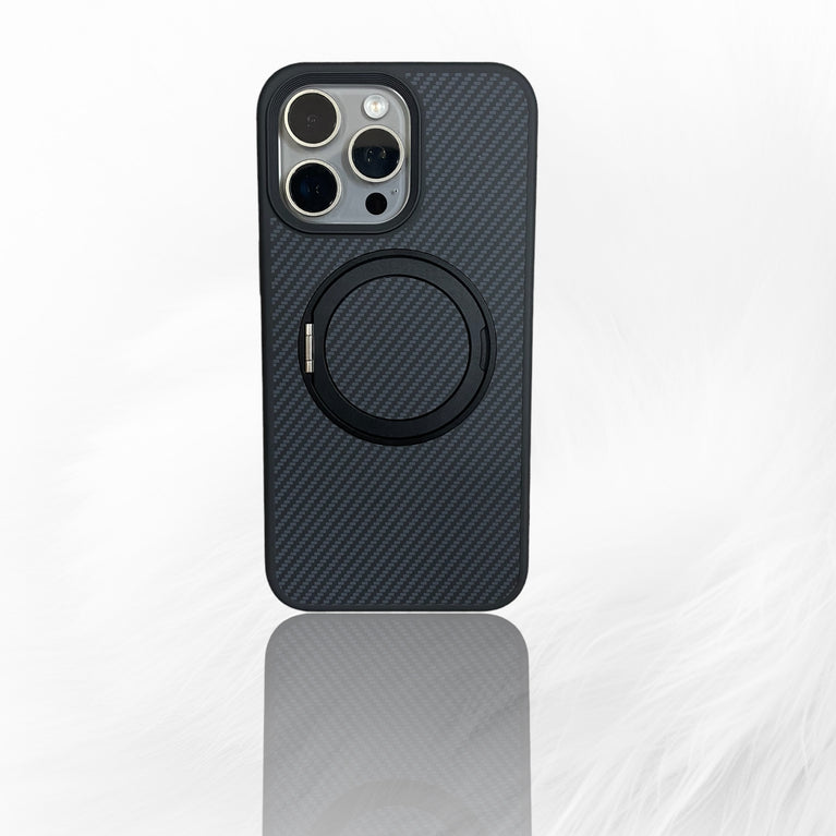 iPhone Matte Carbon Fiber Case with 360° Rotating Stand and MagSafe – Ultimate Protection with Sleek Functionality