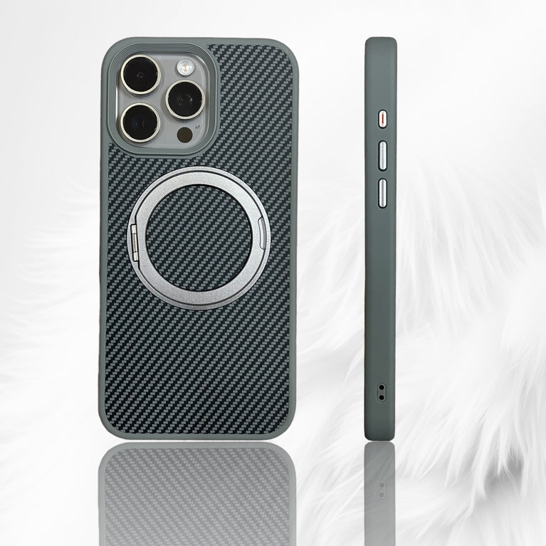 iPhone Matte Carbon Fiber Case with 360° Rotating Stand and MagSafe – Ultimate Protection with Sleek Functionality